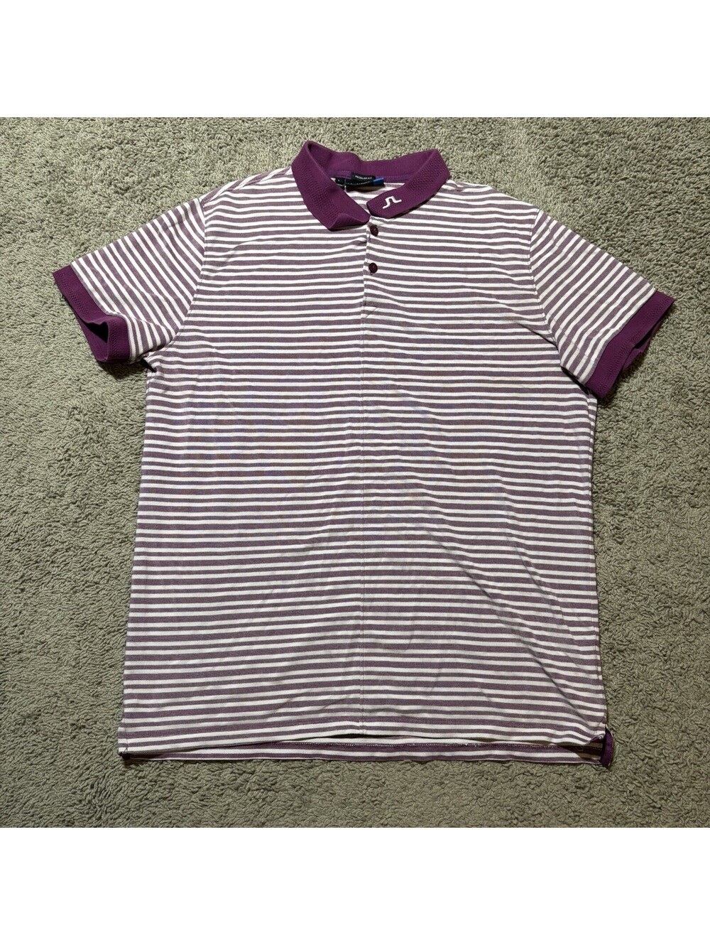 J Lindeberg Mens Golf Polo Shirt Large Purple White Striped Bridge Logo Regular